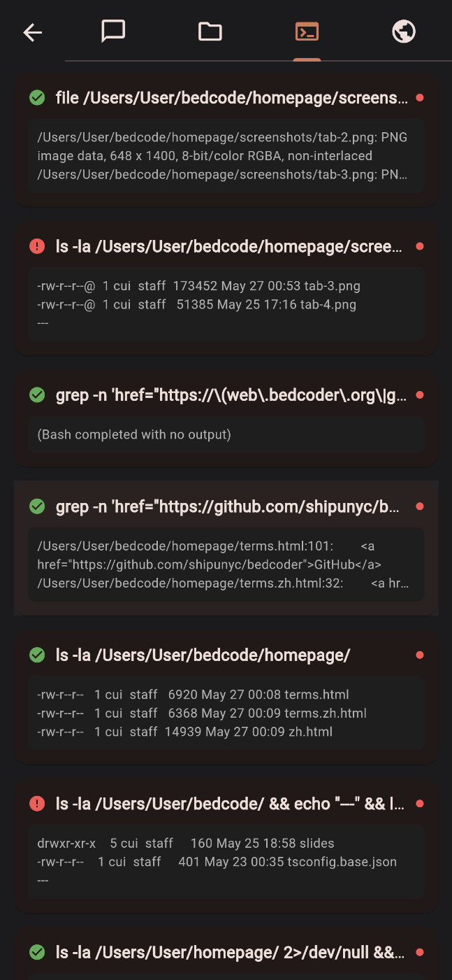 Terminal mirror — live shell output streamed from the dev machine