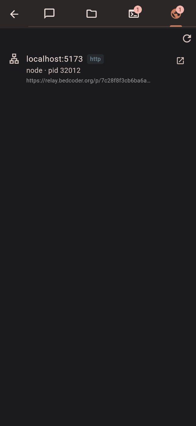 Preview tab — localhost port tunneled to the phone over the encrypted relay